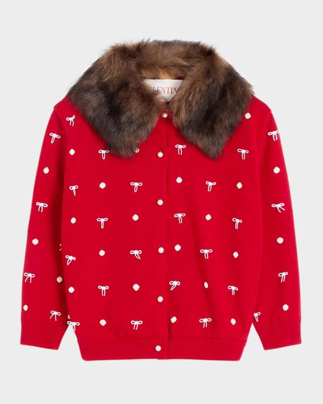 Polka-Dot Bow Cardigan With Sheep Shearling Collar